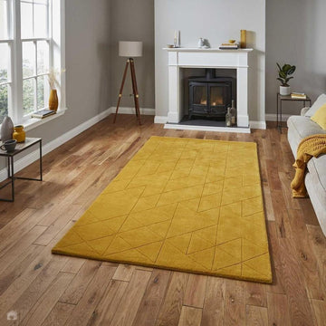 Kasbah KB2025 Modern Plain Geometric Hand-Carved Block Lines Wool Ochre Rug-Think Rugs-Rug Love - The Most Loved Rug Store